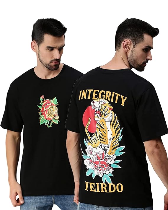 [Apply Coupon] - [Size: M] - Veirdo® Oversized Baggy Fit Pure Cotton Drop Shoulder Half Sleeve Latest & Aesthetic Black & Lilac Back Doodle & Tiger Graphic Printed Round Neck T-Shirt for Men