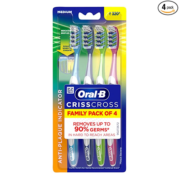 Oral-B Criss Cross - Family Pack Of 4 Toothbrushes Medium,For Adults,Manual,Multicolor