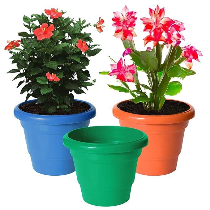 Kuber Industries Solid 2 Layered Plastic Flower Pot|Gamla for Home Decor,Nursery,Balcony,Garden,6"x5",Pack of 3 (Orange & Green & Blue)