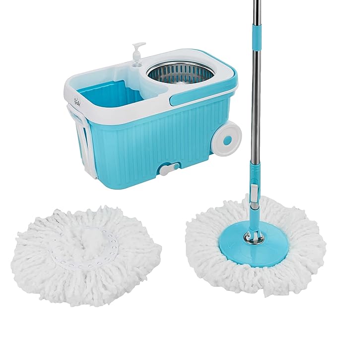 Presto! Elite Spin Mop with Steel Wringer and Auto-fold Handle, Blue, 2 Refills