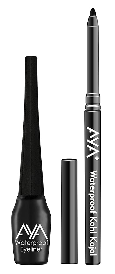 AYA Waterproof Long Lasting Smudge Transfer proof Liquid Eye Makeup Eyeliner, Black + Jet black Waterproof Kohl Kajal