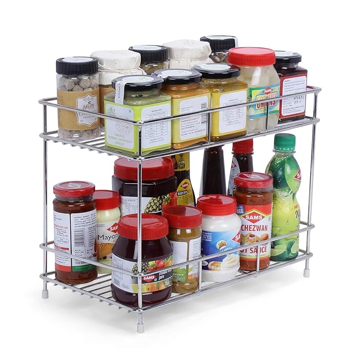 [Apply Coupon] - Zepdos Stainless Steel 2-Tier Kitchen Rack, Spice Rack for Kitchen, Shelf Rack Kitchen Pantry Storage Organizer, Kitchen Racks and Shelves Rack- 20D x 20W x 20H Centimeters