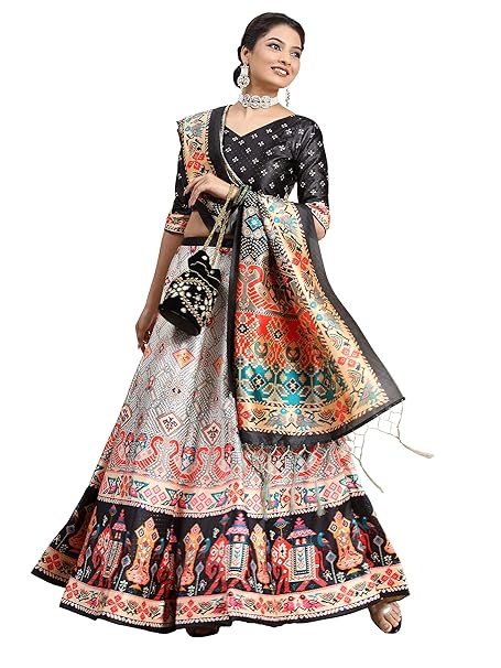 Kaizen Texo Fab KAIZENTEXOFAB® Black & Grey Printed Semi-Stitched Lehenga & Blouse With Dupatta