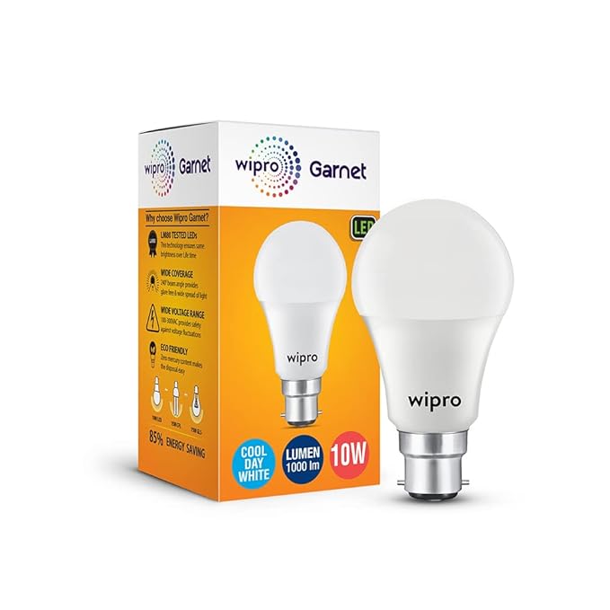 Wipro Garnet 10W LED Bulb for Home & Office |Cool Day White (6500K) | B22 Base|220 Degree Light Coverage |4Kv Surge Protection |400V High Voltage Protection |Energy Efficient | Pack of 1
