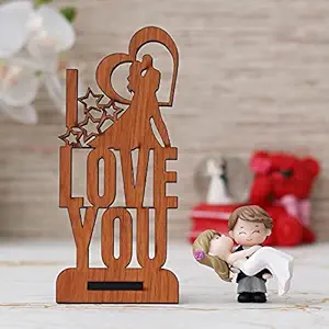 eCraftIndia I Love You Wooden Showpiece, and Bride Kissing Groom Romantic Couple Showpiece | Valentine Gift for Girlfriend Boyfriend Husband Wife | Valentine Day Gifts | Valentine Day Decoration Items