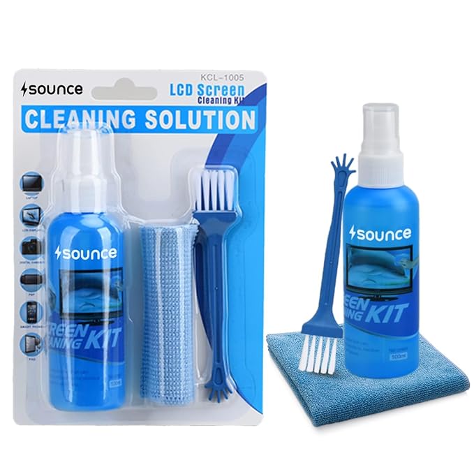 Sounce 3 in 1 Cleaning Kit Set for Screen PC, Laptops, Monitors, Mobiles, LCD, LED, TV/Professional Quality/Prevents Static Electricity, 100ml with Micro Fiber Cloth and Brush