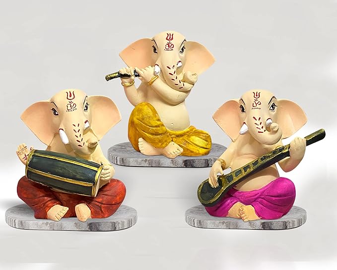 ARTISANS ALLEY Sitting Ganesha with Musicall Instrumnents Decorative Statue for Home Decor - (Set of 3 Piece, Multicolor)