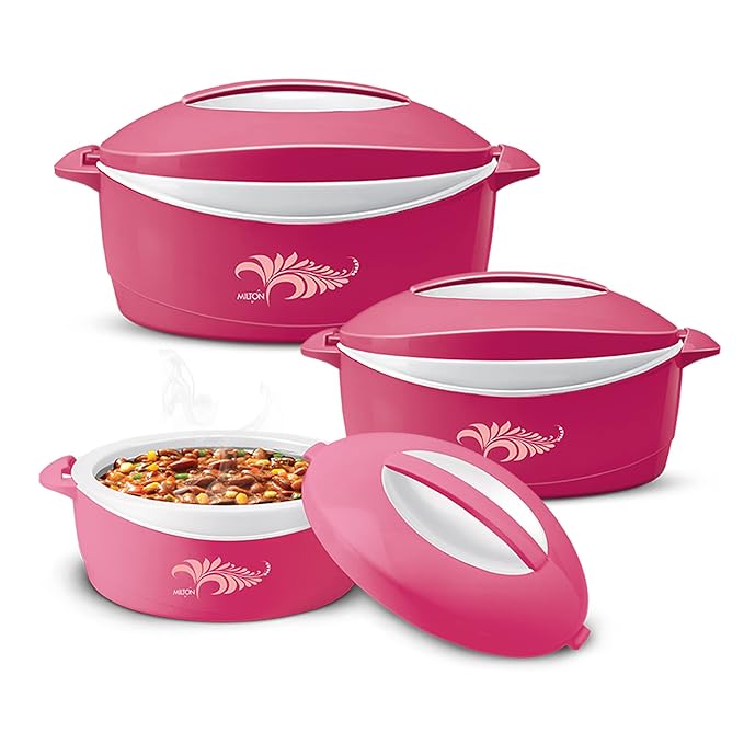 MILTON Delight Jr. Inner Stainless Steel Serving Casserole Gift Set of 3 (520 ml, 820 ml, 1.3 litres), PU Insulated Kitchen Hot Pot, Keeps Food hot & Fresh for Roti, Biryani, Pink