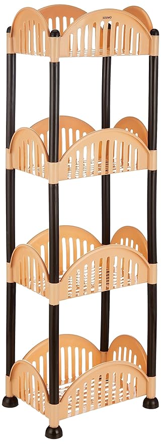 Amazon Brand - Solimo Four-Tier Multipurpose Plastic Rack for Kitchen, Living Room, Bathroom (Convex, Beige and Brown)