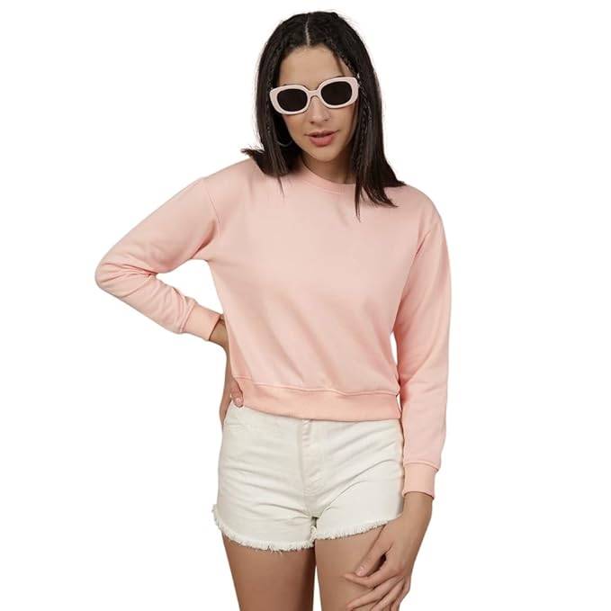 [Size: XS] - Freehand Women Regular Fit Solid Crop Overhead Crewneck Sweatshirt