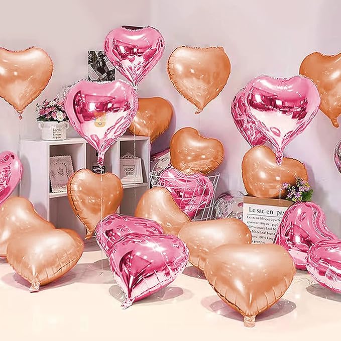 Just Party 5 Pcs Gold & Pink 18 Inch Heart Shape Foil Balloons with Shiny Surface For Birthdays/Anniversary/Engagement/Baby Shower/bachelorette Party Decorations (Satin Roll & Straw Included)