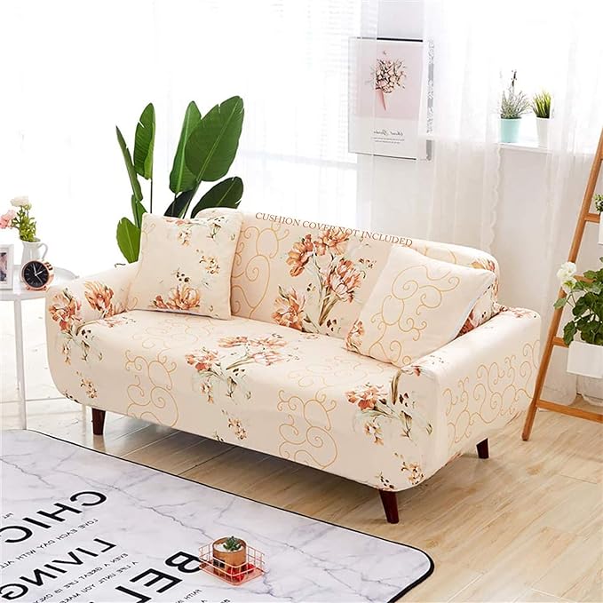 House of Quirk Universal Single Seater Sofa Cover Big Elasticity Cover for Couch Flexible Stretch Sofa Slipcover (Beige Marigold, 90-145cm)
