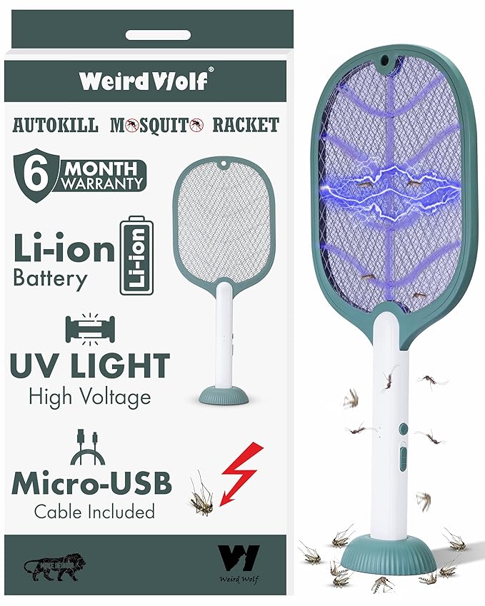 Weird Wolf 2 in 1 UV Light Electric Fly Swatter Mosquito Racket Bat with Base Stand, Lithium Battery, USB Charging, 6 Months Warranty, Green