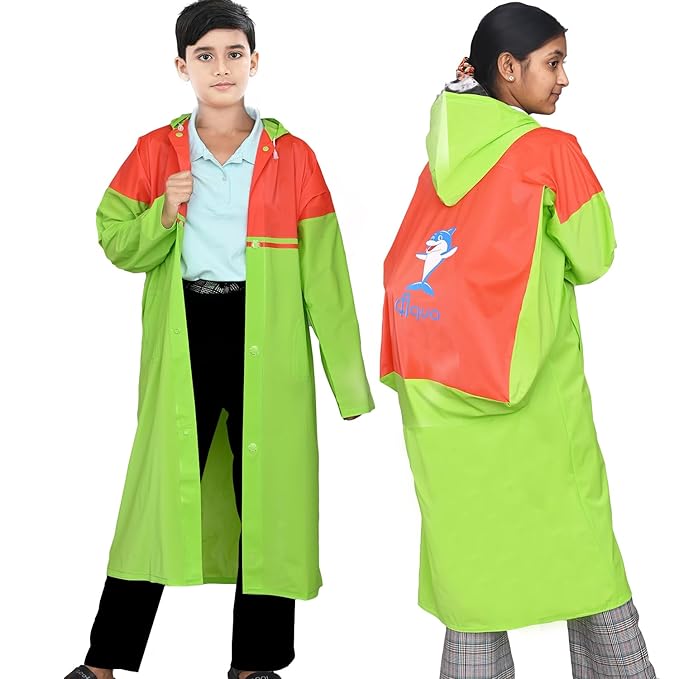 HACER Aqua Raincoat for 13 to 14 Years Old Kids Children Water Resistant Rainsuit Adjustable Hood Drawstring Hem Rainwear with Side Pockets (42, Random Colour)