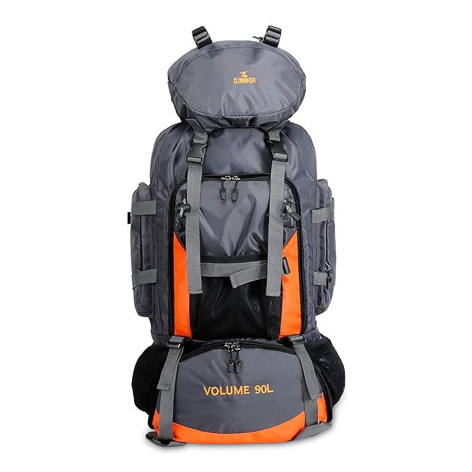 [Apply Coupon] - THE CLOWNFISH Summit Seeker 90 Litres Polyester Travel Backpack for Mountaineering Outdoor Sport Camp Hiking Trekking Bag Camping Rucksack Bagpack Bags (Light Grey)