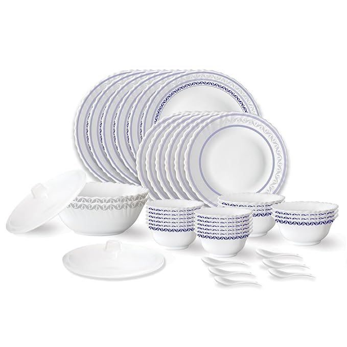 Larah by Borosil Jazzblue Fluted Series Opalware Dinner Set | 40 Pieces for Family of 6 | Microwave & Dishwasher Safe | Bone-Ash Free | Crockery Set for Dining & Gifting | Plates & Bowls | White