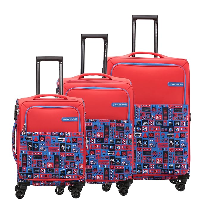Nasher Miles India Soft-Sided Polyester Printed Luggage Bag Luggage Set of 3 Red Blue Trolley Bags (55, 65 & 75 cm)