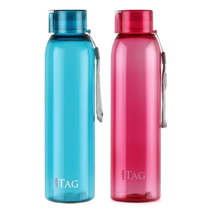 CELLO My Tag PET Water Bottle | 100% food grade | Leak proof and Break proof | Wide Mouth & Leakproof | Break proof & Food Grade Pet Bottle |1000ml | Set of 2, Assorted