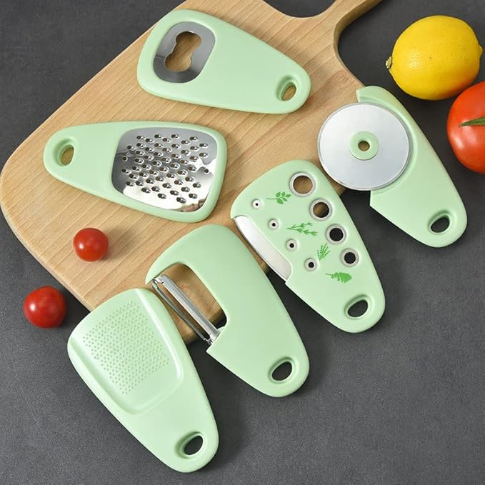 YELONA Multipurpose Kitchen Gadgets Set 6 Pieces, Space Saving Cooking Tools- Grater, Peeler, Garlic/Ginger Grinder, Bottle Opener, Pizza Cutter, Herb Stripper