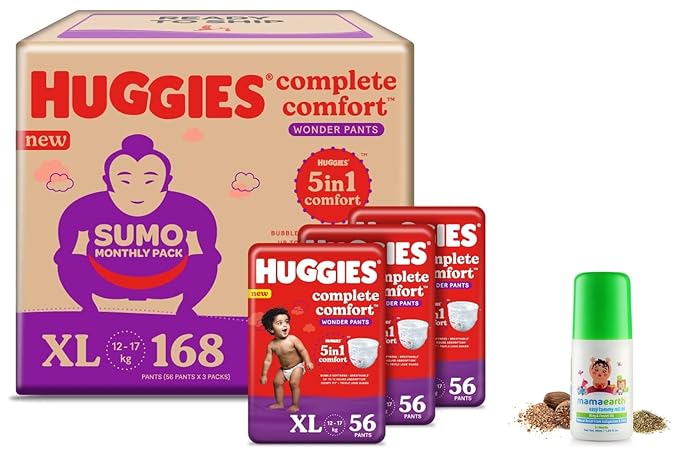 Huggies Wonder Pants Diapers Sumo Pack, Extra Large (168 Count) & Mamaearth Easy Tummy Roll On Oil for Colic & Gas Relief with Hing & Fennel Oil, 40ml (For external use)