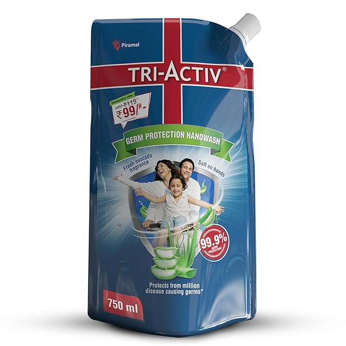 Tri-Activ Liquid Handwash Refill | 750ml x Pack of 1 (750ml) | Protects From 99.9% Disease Causing Germs | Hand Wash Refill Packs with Aloevera & Avocado | Liquid Soap | Gentle on Hands & Safe on Skin