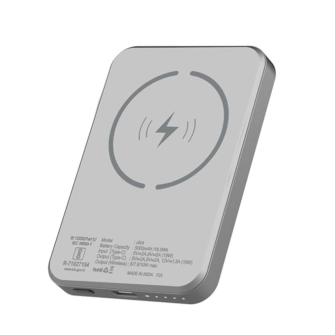 Stuffcool Click 5000mAh Made in India Magnetic Wireless Powerbank with 18W PD Fast Charing Type C Port Perfect for iPhone 12/13/14 Series (Metallic Grey)