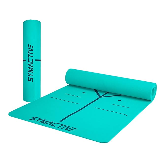 Amazon Brand - Symactive 6 Mm Premium Anti-Skid Supersoft Alignment Single Color Tpe Yoga Mat With Carrying Strap For Men & Women (2X6 Ft, Teal Green), Blue-Green