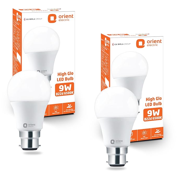 Orient Electric 9W High Glow LED bulb| 180-degree wide beam angle| Voltage surge protection up to 4 kV| 6500K, Cool White| B22d base| Made in India| Pack of 2