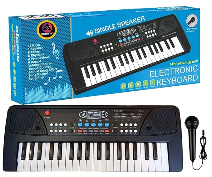 VEBETO Kids Piano with Mic (1 Year Extended Warranty) 37 Keys 8 Rhythms 8 Tones 6 Demos Portable Electronic Keyboard Toy Beginners Educational Songs Recording Musical Toys Age 3 to 5 Years Boys Girls