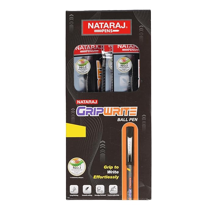 NATARAJ Gripwrite ball pen black | Attractive body coloures & look | Comfortable grip for stress free writing | Smudge resistant | Use for School, College students & office person | 10 Pcs Pack