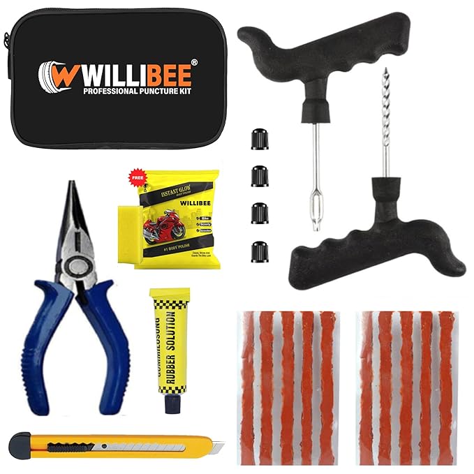 WILLIBEE 7 in 1 Universal Tubeless Tire Puncher Kit Emergency Flat Tire Repair Patch Puncture Kit for Car, Bike, SUV, & Motorcycle