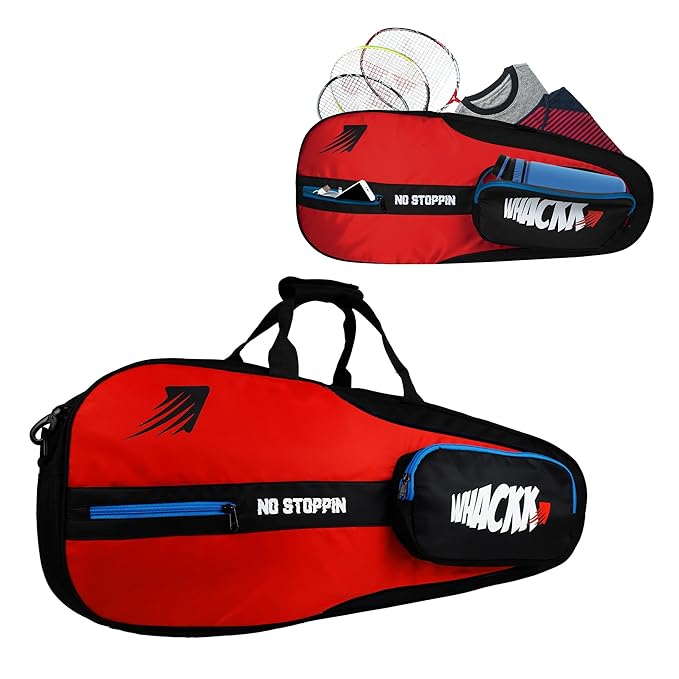 WHACKK Drive|Unisex Lightwieght Tennis Badminton Squash Shuttle Equipment Kit Bag Cover |Spacious Compartments | Sports Bag |Carry as Backpack & Duffel |Racket Ten-6 Badminton-8 (Red Black)