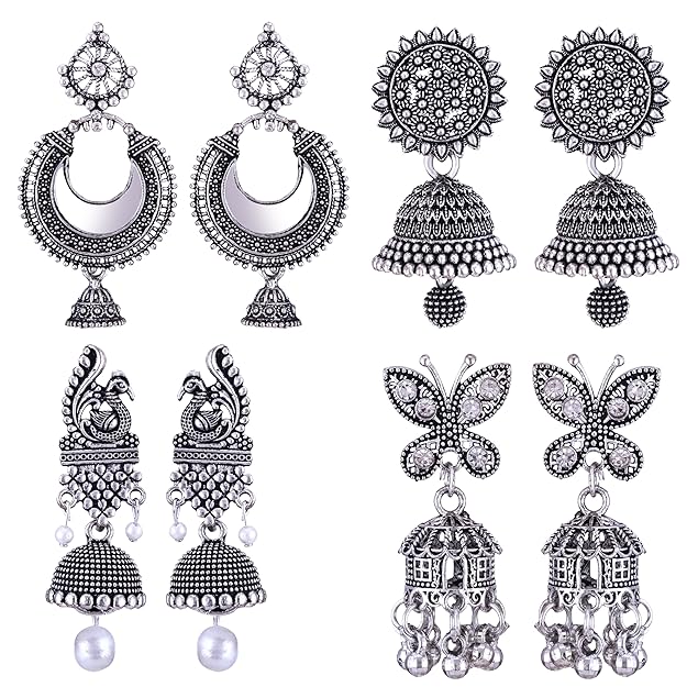 [Apply Coupon] - MEENAZ earrings for women fashion jhumka oxidised Silver Earrings for women Combo chandbali pearl chandbali stylish jhumkas traditional Earrings For girls South indian traditional Ear Rings -M138