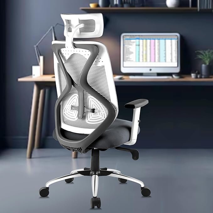 ASTRIDE Ergofit Ergonomic Office Chair for Home | 3-Years Warranty | 2D Headrest, Adjustable Arms & Lumbar Support | Tilt Lock Mechanism [Heavy Duty Chromium Metal Base, Grey-White]