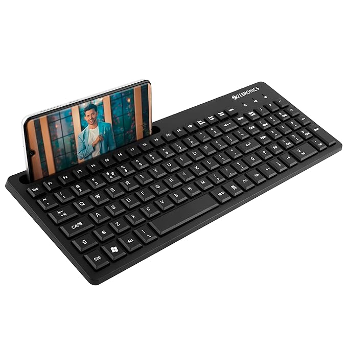 ZEBRONICS K36 Wired USB Keyboard with 106 Keys, Slim Design, Smartphone Holder, Retractable Stand, 1.2m Cable Length with ÂRupee Key