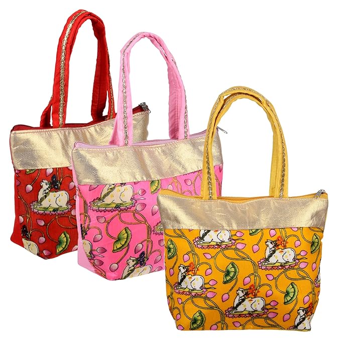 Kuber Industries Hand Purse|Traditional Mini Hand Bag|Silk Wallet Hand Bag|Shagun Hand Purse|Woman Tote Hand Bag|Gifts Hand Bag|Cow-Small Hand Purse|Pack of 3|Multi