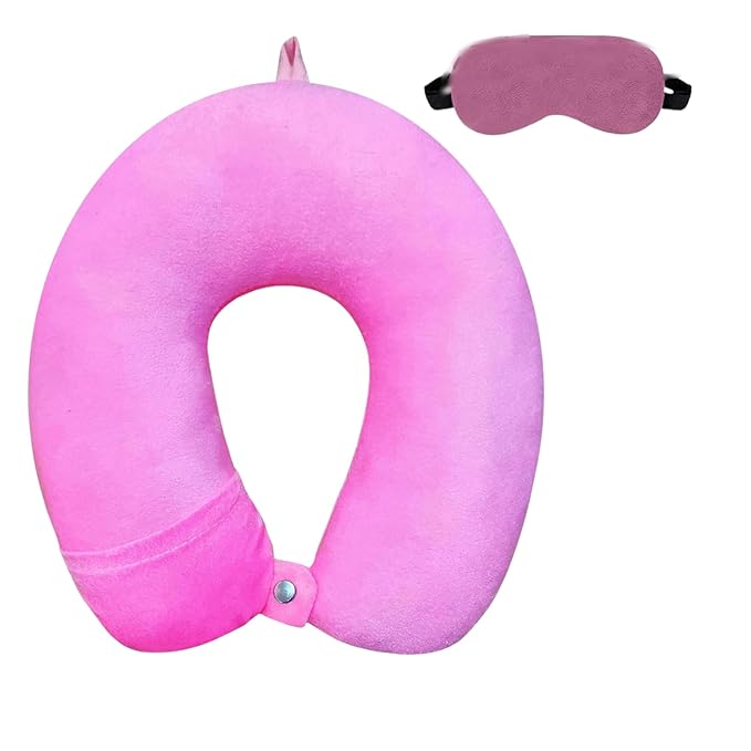 BigPlayer Adjustable 360 Degree Support Comfort Pink Neck Pillow & Eye Mask Combo for Improved Sleep Travel in Plan | Flight| Car| Airplane for Sleeping Men and Women