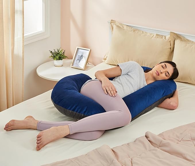 [Apply Coupon] - Amazon basics Full Body C-Shaped Pregnancy Pillow for Maternity & Baby Nursing | Abdomen, Hip, Spine, Neck & Head Support Cushion Velvet Outer Cover with Zip (Navy Blue and Grey)