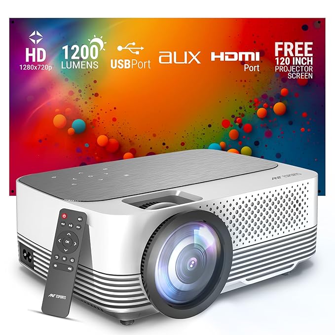 Ant Esports View 511 Multimedia LED Projector - Daisy White | 720P Native & 4K Support I 1200 Lumens I Remote Control I AV/HDMI/USB I Upto 120" Max Screen I Built-in Speaker, Included 120" Screen