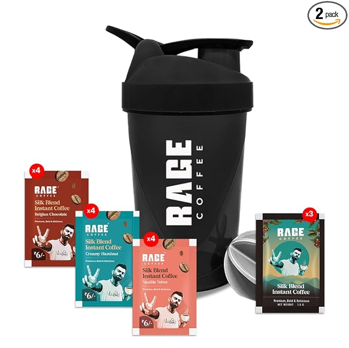 Rage Coffee - Silk Blend Assorted Sachets, Pack of 15 (3 Classic, 4 Creamy Hazelnut, 4 Vanilla Velvet & 4 Belgian Chocolate) |+ Free Multi-purpose Shaker | Perfect for Gym, Protein Shakes & Coffee