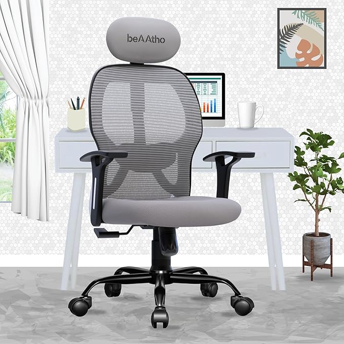 beAAtho® Leo Mesh High Back Office Chair with 3 Year Warranty/Study Chair/Computer Chair/Revolving Chair/Desk Chair for Work from Home | Heavy Duty Metal Base | Height Adjustable | (Grey)