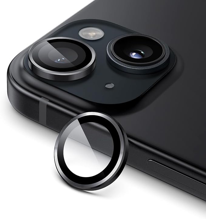 CELLUTION Camera Glass Lens Protector Ring For iPhone 15/15 Plus Case Friendly with Edge to Edge Coverage and Easy Installation, Pack of 1 (Black)