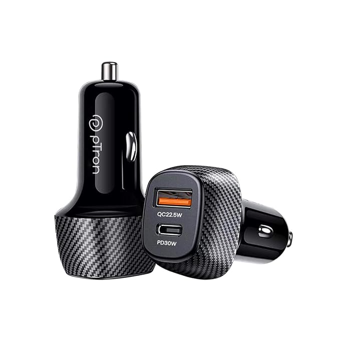 [Apply Coupon] - pTron Bullet Zip Mini 52.5W Car Charger with Dual Output, Super Fast Charging Compatible with Samsung, Xiaomi, Apple, MacBook, iPad, Oppo, Vivo, OnePlus, 30W Type-C/PD & 22.5W USB QC 3.0A (Black)