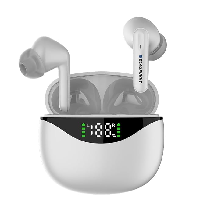 Blaupunkt Newly Launched BTW20 PRO Bluetooth Truly Wireless In-Ear Earbuds with Deep Bass I30 Hrs Playtime*I Built-in MicI LED Digital Battery DisplayI TurboVolt Charging I IPX5 Sweat Resistant(White)