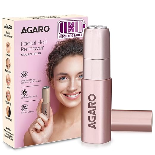 AGARO Facial Hair Remover FHR170 for Women, Cordless & Painless Hair Remover with Hypoallergenic Blade, Rechargeable, Multipurpose & Safe Use for Upper Lip, Chin, Cheeks & Forehead, Ideal for On-the-Go.