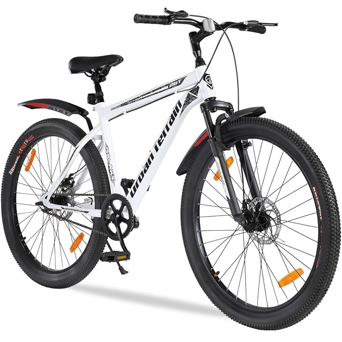 Urban Terrain Galaxy Pro High Performance Steel Mountain Cycles for Men with Front Suspension & Dual Disc Brake MTB Bike 26T Single Speed | Ideal for 13+ Years Frame Size : 17 inch, White