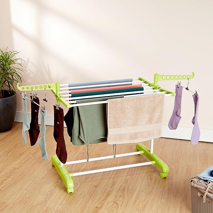 Amazon Brand - Solimo Premium Steel Double Support Cloth Drying Rack | Foldable and Movable | White & Green