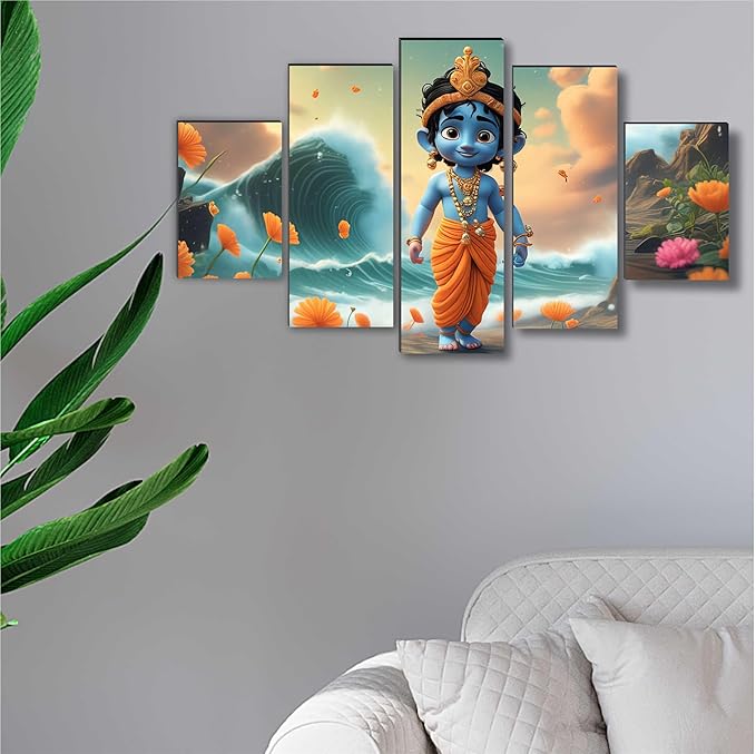 SAF Bal krishna Paintings for Living Room | Painting for Wall Decoration | 3D Wall Art for Bedroom | Kanha Religious Wall Painting Set of 5 (75 x 45 cms) SANFPNLS35500