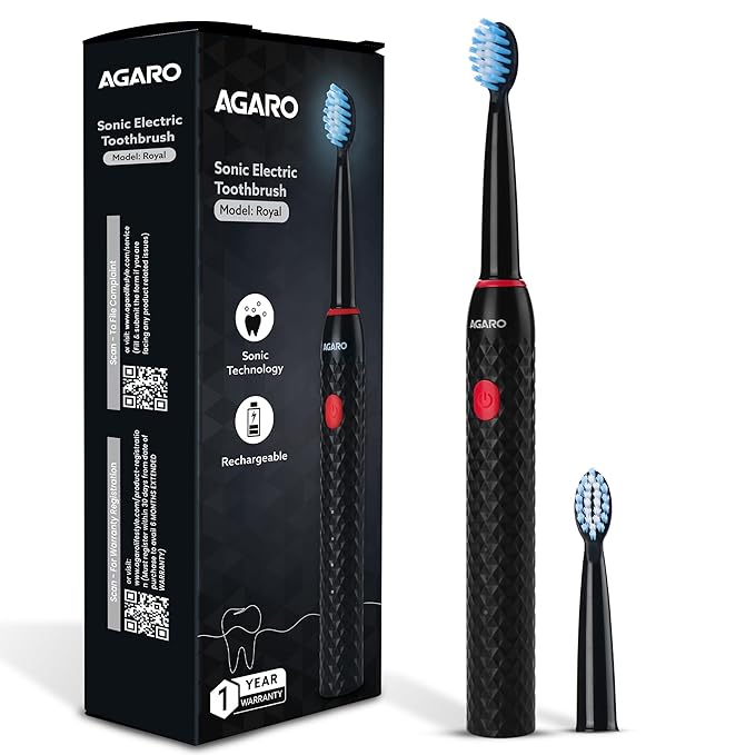 AGARO Royal Sonic Electric Toothbrush for Adults with 3 Modes, 19000 Strokes per minute, 2 Brush Heads, Dupont Soft Nylon Bristles, Rechargeable Lasting up to 25 Days, Power Toothbrush, Black