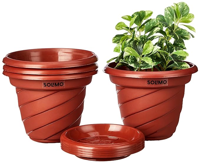 Amazon Brand - Solimo Planters/Flower Pots with Bottom Plates (Set of 4, 5.5 Inch, Red)|Gamla Pots for Home|Plant Containers|Drip Tray Pots with Plates
